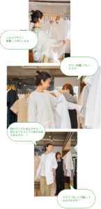お客さん（ドクター）：「これよさそう！ 試着してみたいなぁ…」 プロフェッサーズラウンド（店員）：「ぜひご試着くだい！ どうぞ…」 お客さん（ドクター）：「他のサイズもあるのかな？ 似たようなタイプで他の白衣もあるかな…？ スクラブも着てみようかな・・」 プロフェッサーズラウンド（店員）：「スクラブの上に羽織ってみるのもぜひ！」