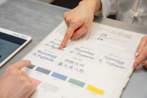 写真：ネーム刺繍について、見本帳を見ながら、書体、色、などを決めている様子